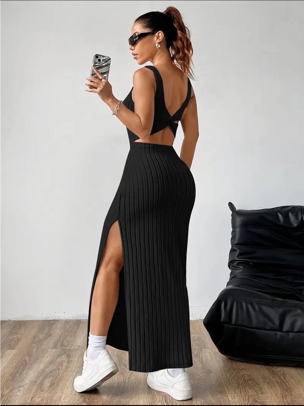 Women’s Black Backless Tank Maxi Dress | Side Slit | Ribbed Bodycon | Size M